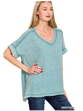 286 ❤️ ZENANA ACID WASHED DOUBLE GAUZE V-NECK CUFFED
SHORT SLEEVE TEE